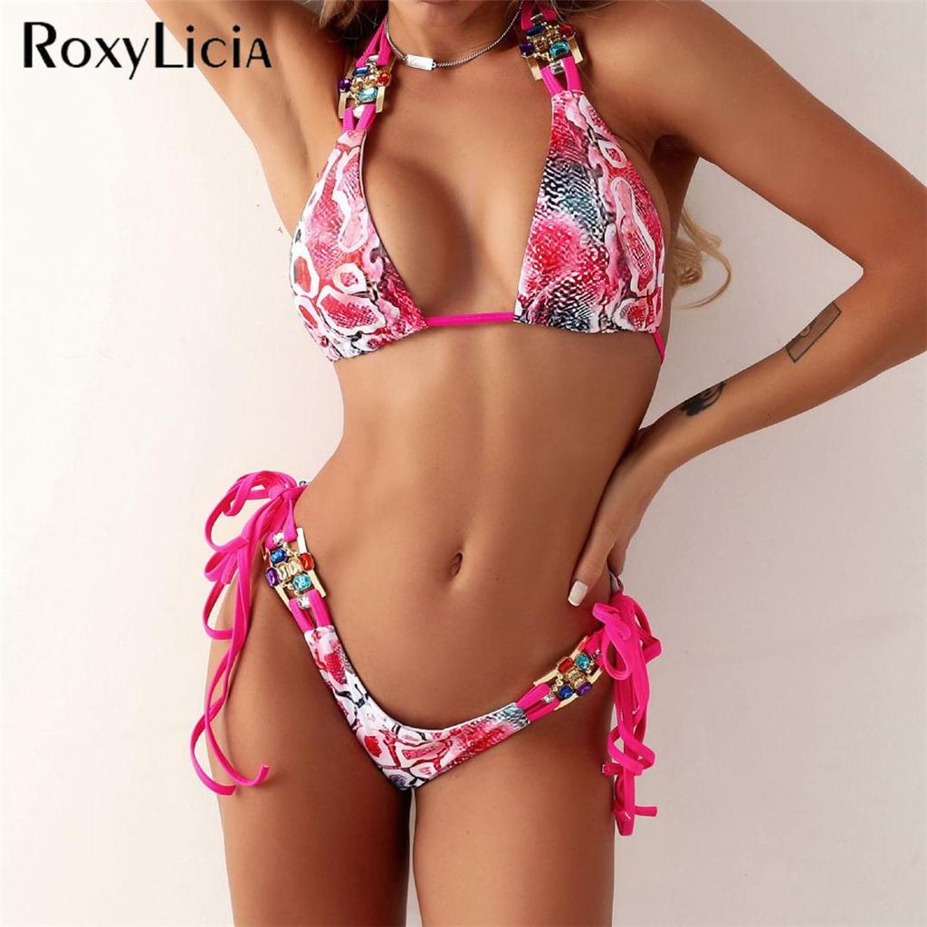 Dżetów diamentowe nadruki bikini wiązane na szyi damski strój kąpielowy damskie stroje kąpielowe dwuczęściowy zestaw bikini kąpiący strój kąpielowy pływać