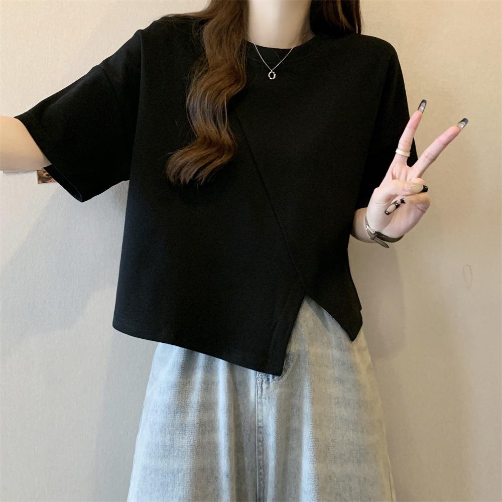 Women's Korean-Style Irregular Hem Short Sleeve T-Shirt - Trendy Summer Loose Fit Niche Design