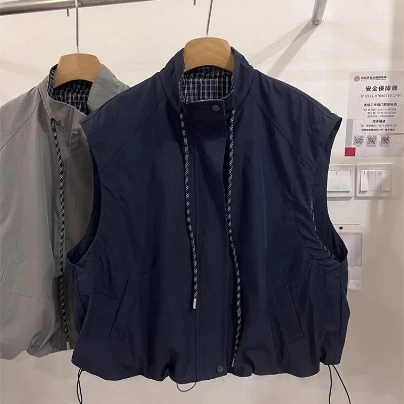 

Women s Streetwear Khaki Stand Collar Drawstring Sleeveless Vest L темно-синий