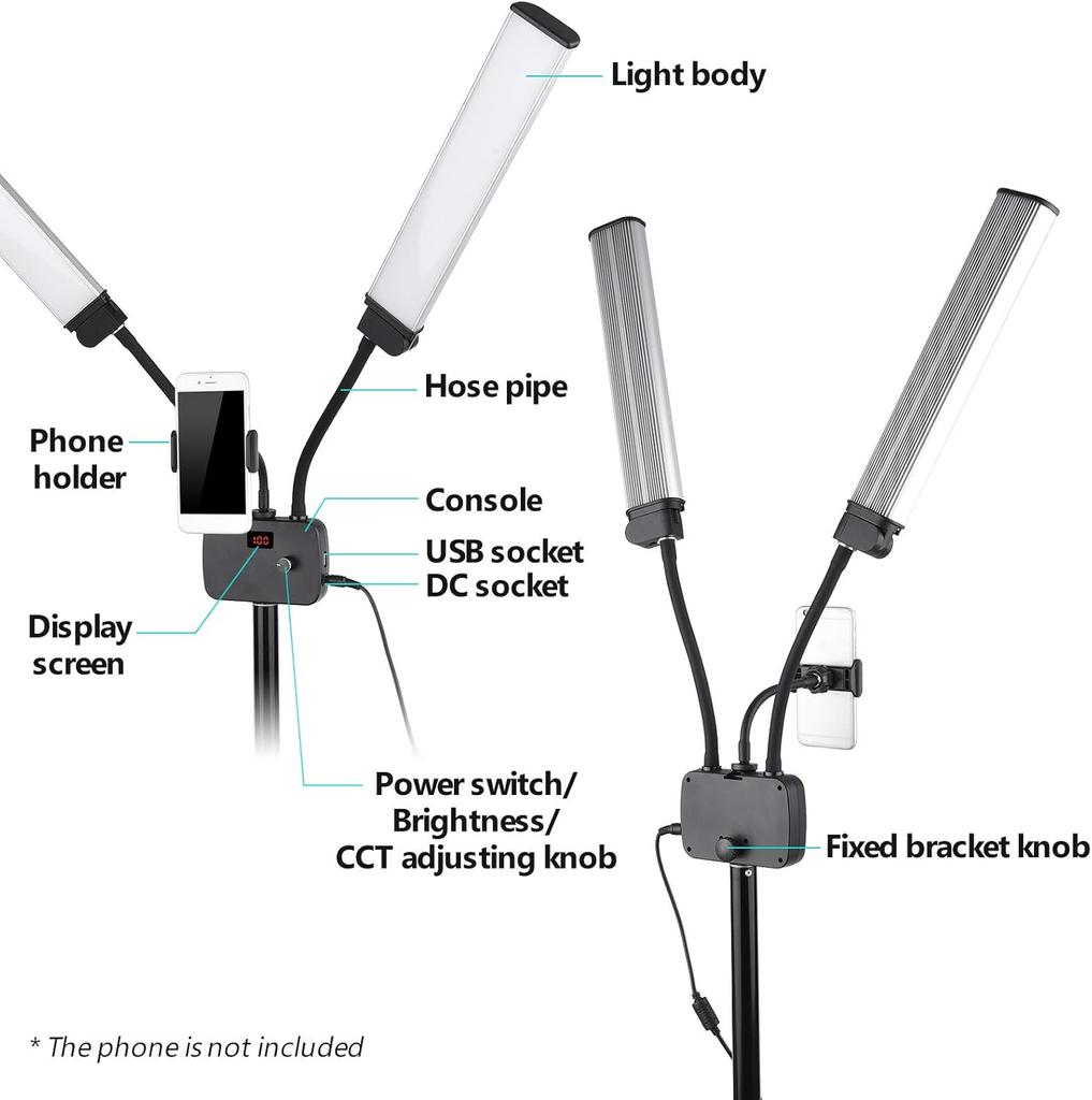 Flexible Double Arms LED Fill Light Bi-Color Dimmable Beauty LED Video Lights 3 Light Modes with Phone Holder for Live Stream