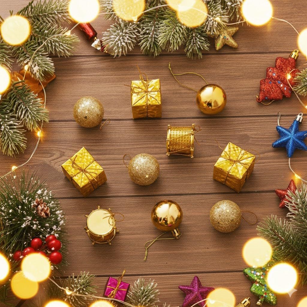 Golden Christmas Tree Decoration Items Gifts Drums Balls (Pack of 10) Xmas Hanging Ornaments Props | Christmas Decorations