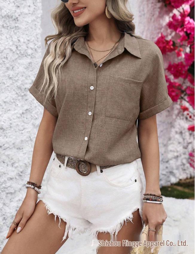 Women's Casual Pure Cotton Lapel Short Sleeve Shirt with Pocket