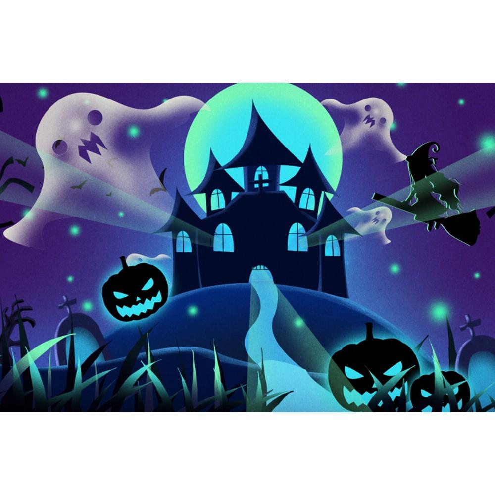1pc Blue Halloween Party Backdrop with Night Moon Gothic Castle Pumpkin Bats Ghost Banner for Halloween Themed Party Decoration