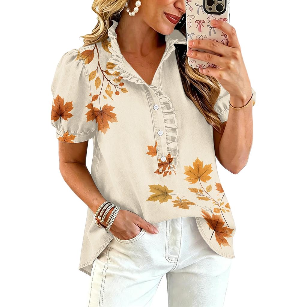 Women's Fashion Casual Ruffled V-Neck Print Blouse Top