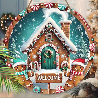 Placa de Natal de Madeira com Padrão de Casa de Neve e Homem de Gengibre - Placa de Boas-Vindas Navidad para Decoração de Parede para Porta da Frente - Presente de Natal Ideal