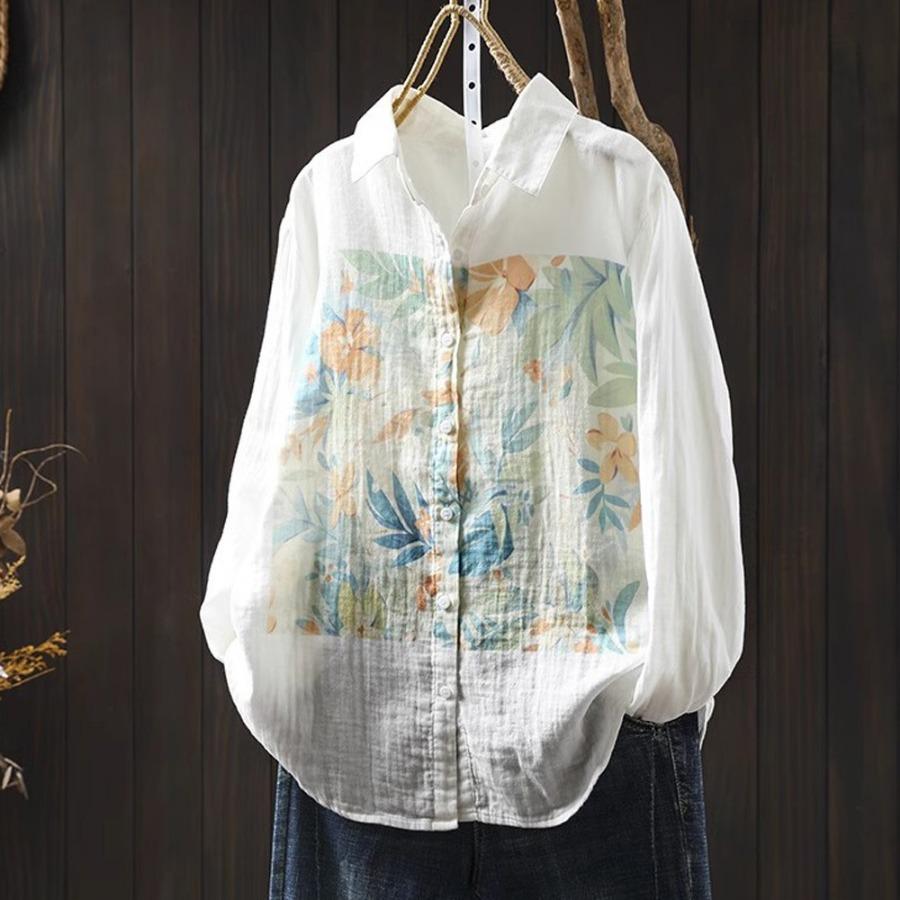 Primavera Otoño Top Blanco Camisas de Hilo de Algodón de Doble Capa Mujer Cuello de Solapa Manga Larga Blusas Estampadas