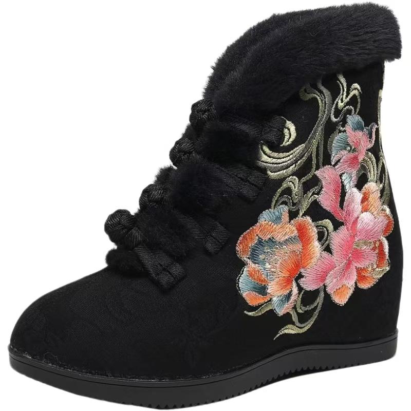 Women's Winter Wedges Ankle Embroidered Cotton Boots Increased Internal Ethnic Style Round Toe Plush Warm Canvas Hanfu Boots