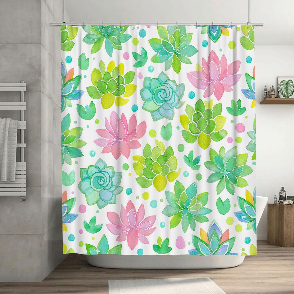 Colorful Succulent Print Shower Curtain Waterproof Fabric With Hooks For Bathroom Decorations Easy Installation In Home Bathroom