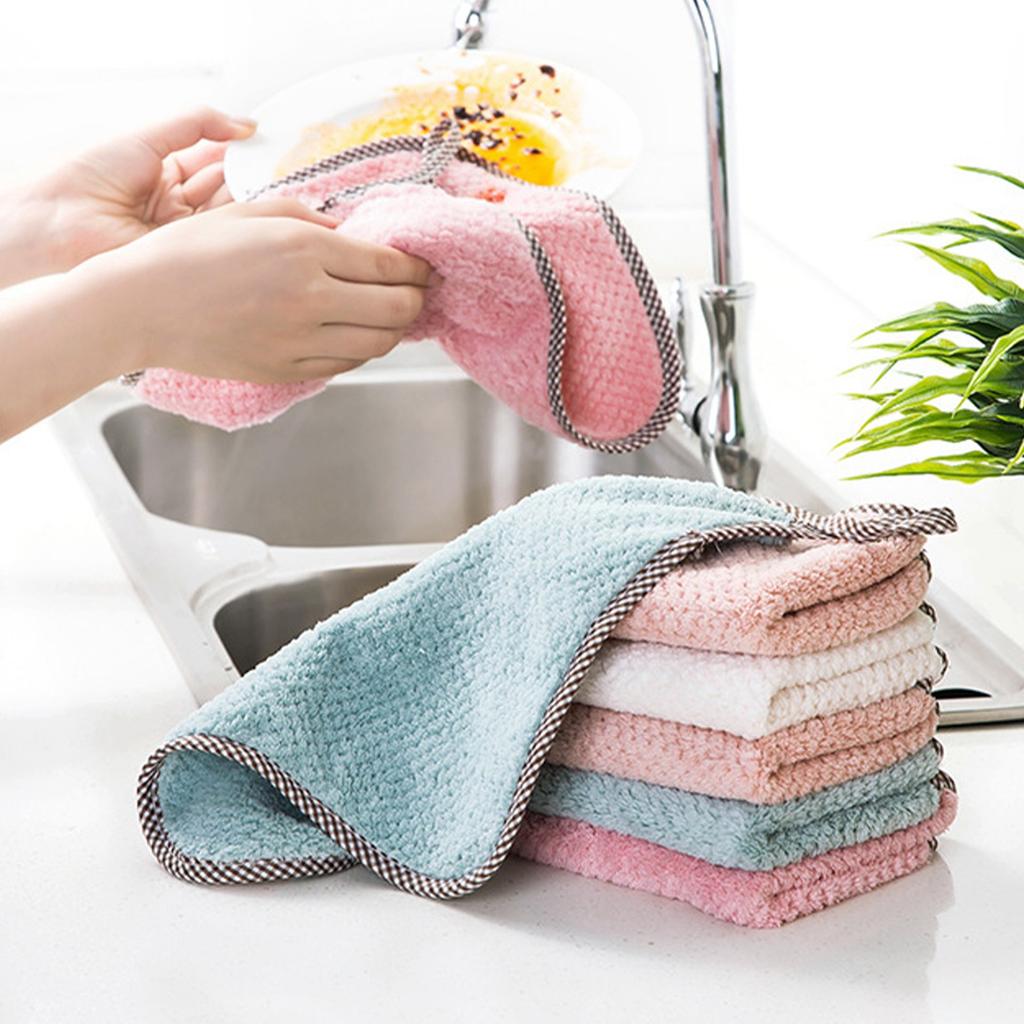 Kitchen Cleaning Dish Cloth with Hanging Loop Coral Fleece Absorbent Soft Hand Towel for Household Kitchen Bathroom