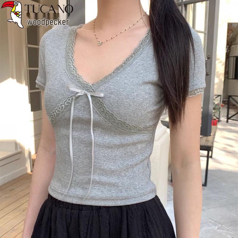 Woodpecker Women's Lace Trim V-Neck Short Sleeve T-Shirt with Bow