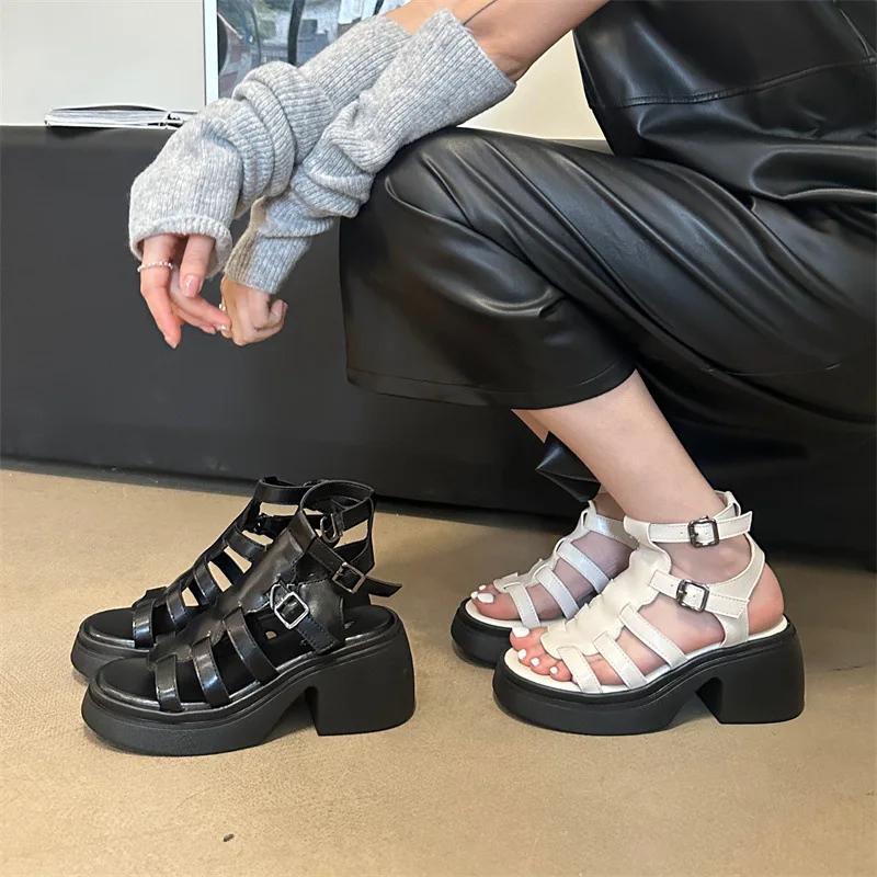 Sandali Romani Nuovi A Punta Aperta Alti con Zip Fibbia a Cinturino Retrò Comodi Scarpe da Donna