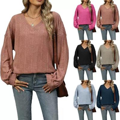 Autumn and Winter V-neck Loose Casual Long Sleeved T-shirt Women Fashion Elegant Simple  Solid Color Top Office Shirt Women's Clothing