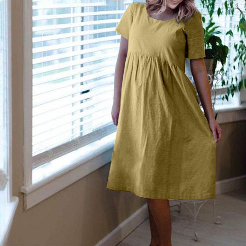 Women's Short Sleeve Cotton Linen Round Neck Pullover Oversized Dress