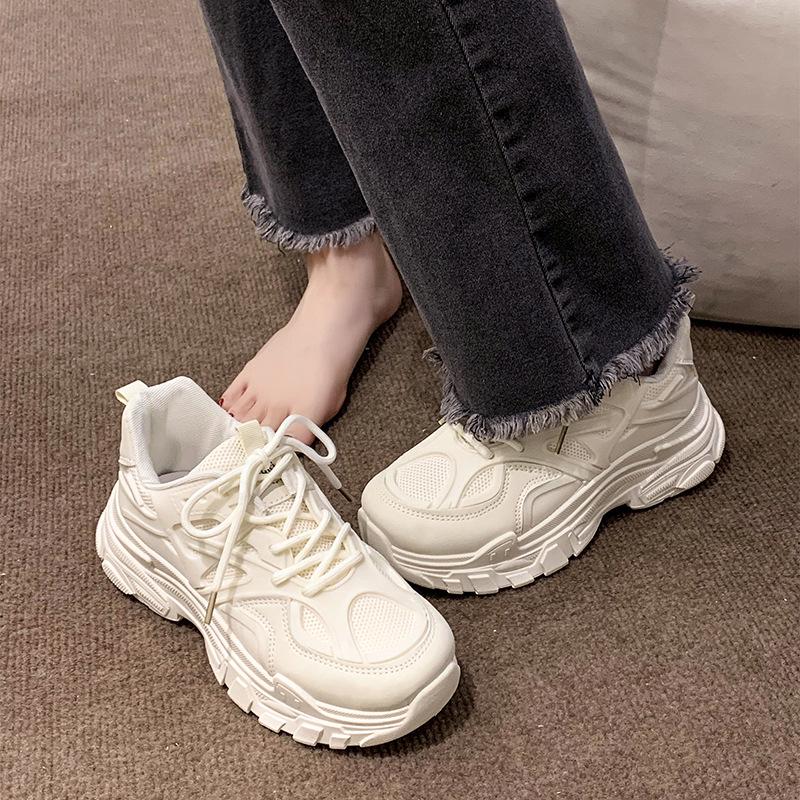 Women's Korean-Style 2025 Summer Dad Sneakers: Breathable Mesh, Thick Sole, Versatile White Running Shoes
