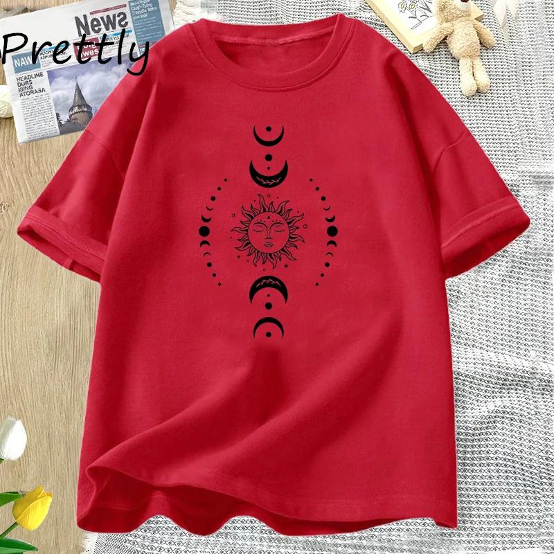 Sun and Moon Pritned T Shirt Celestial Boho Mystical T-shirt Magic Moon Short Sleeve Tshirt Women Harajuku Tee Streetwear