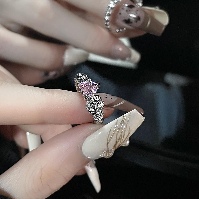 Pink Love Texture Open Ring Niche Design Zircon High Sense Cold Wind Irregular Folds Woman Adjustable opening