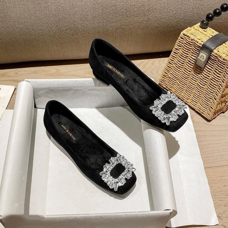 

2025 новый весенне-осенний французский квадратный носок нежный бабушкин ветер мелкий вырез стразы плоский толстый каблук туфли для работы женские туфли одинарные женские 35 чёрный