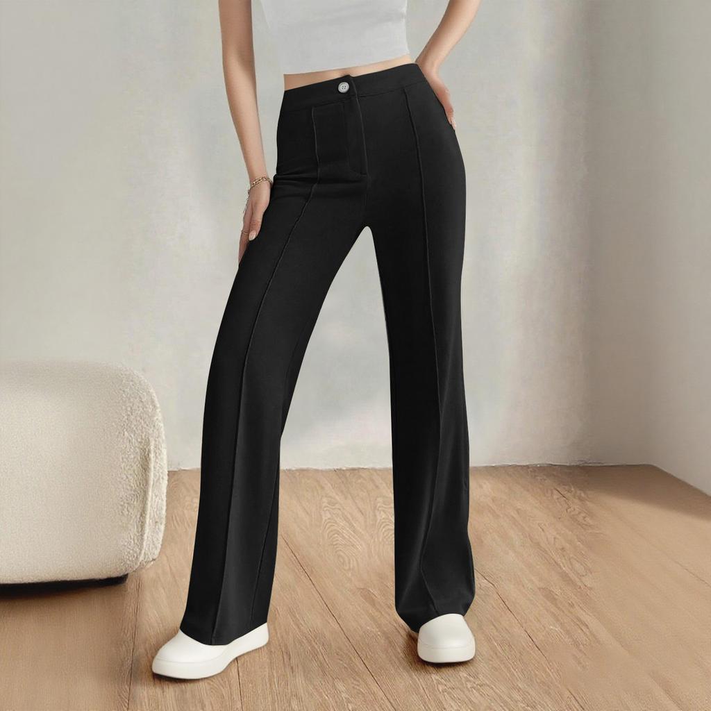 Straight Leg Elastic Button Business Casual Work Pants Knitted Elastic Waist Casual Pants