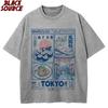 Retro washed cotton black monster smile gradient color pattern T-shirt, oversized round neck casual hip-hop street wear T-shirt