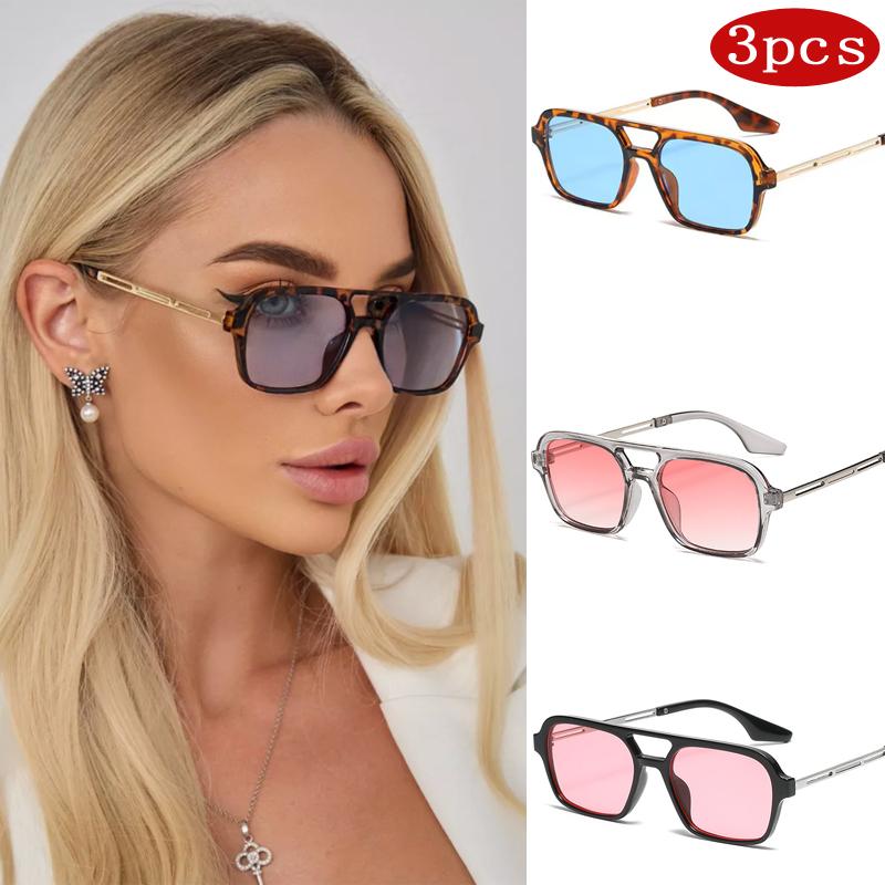 3pcs Vintage Double Bridges Sunglasses Women Pink Gradient Hollow Leopard Blue Square Sun Glasses Fashion Trendy Eyewear