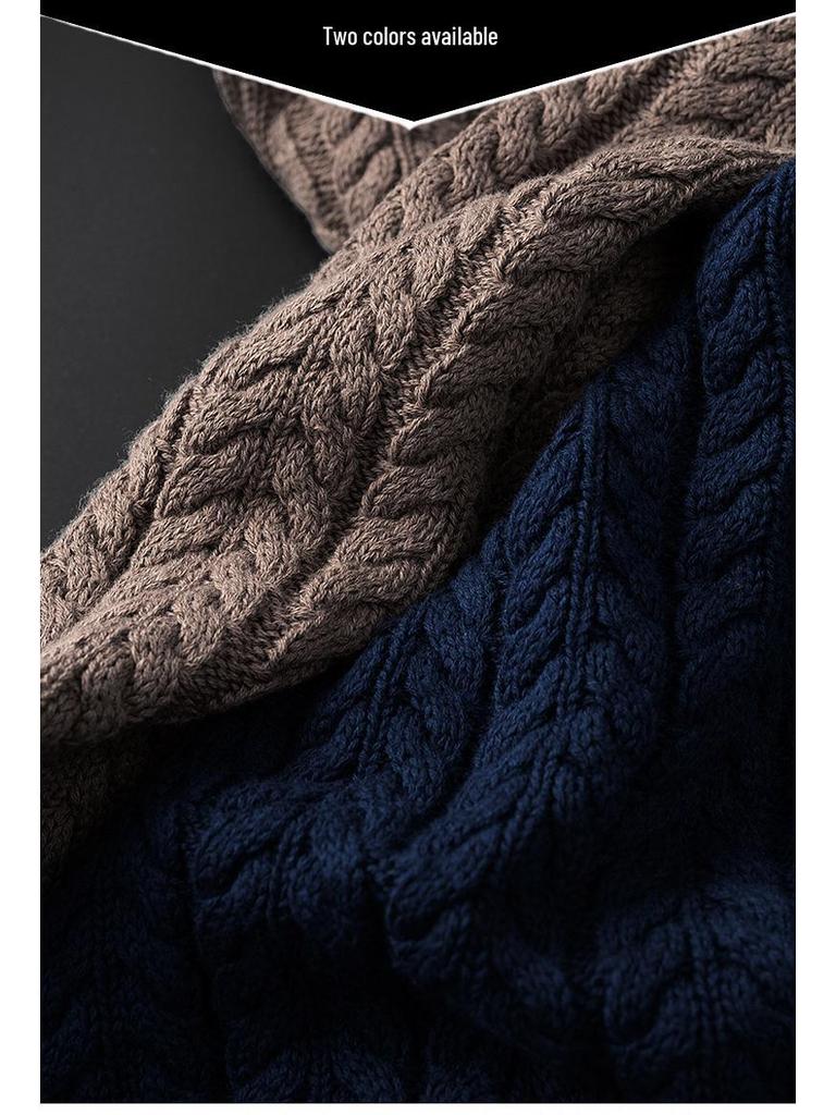 Men's Luxury All-Cotton Knitted Pullover - Thick, Solid Color, Velvet-Lined Cable Knit for Autumn and Winter