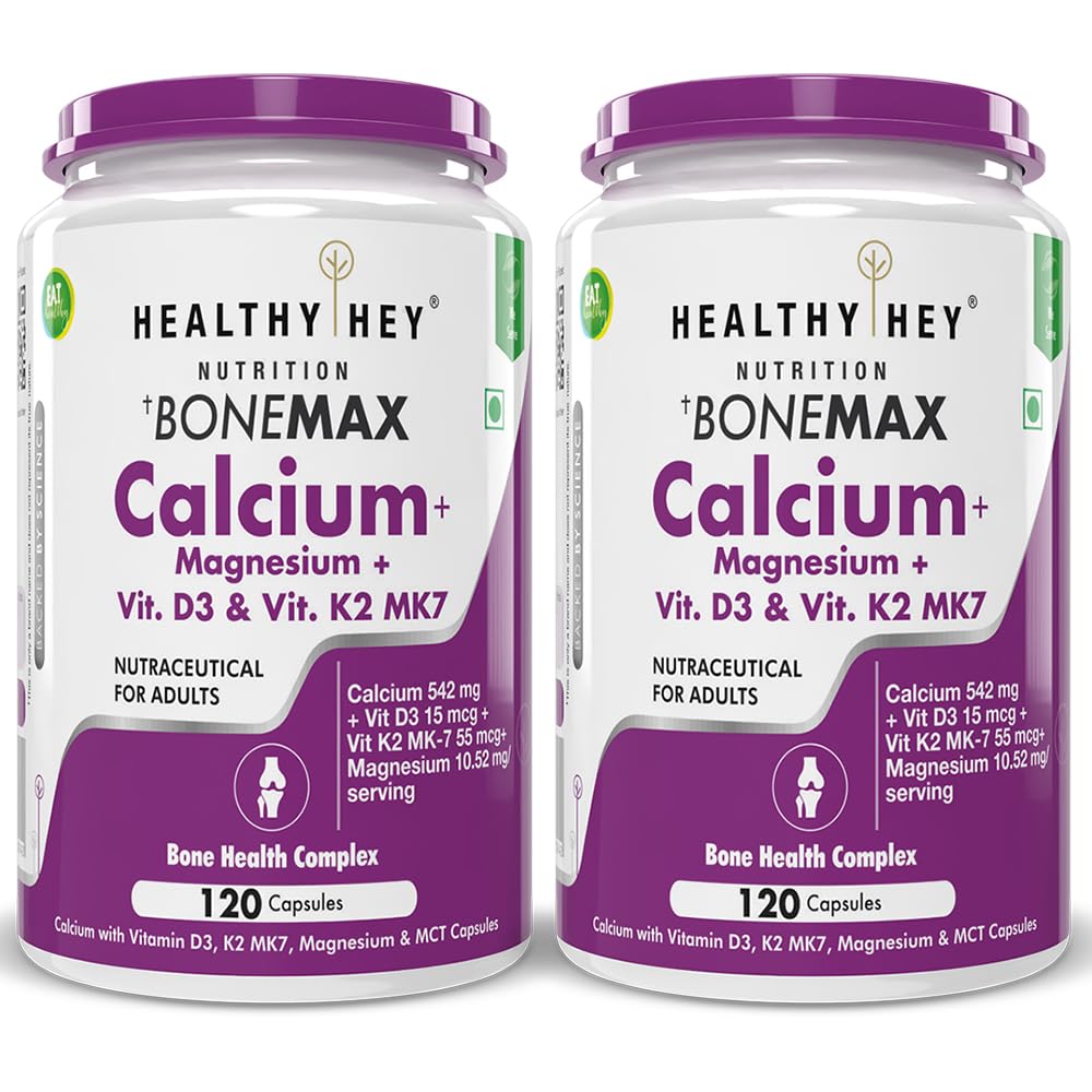 HealthyHey Nutrition Vegan Calcium with Magnesium, Vitamin D3 & Vitamin K2- Mk7 - BoneMax - Bone Health Complex - 120 Vegetable Capsules - Pack of 2