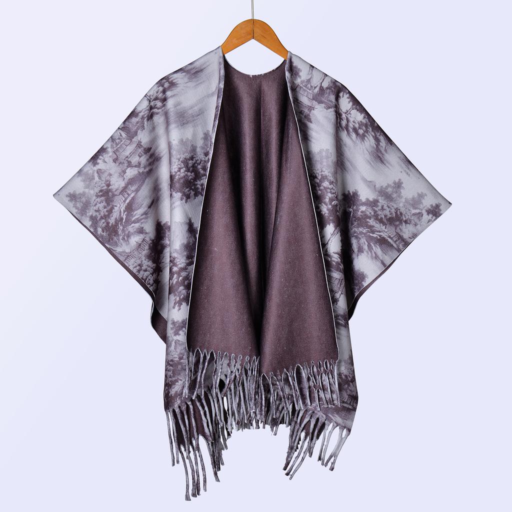 New National Style Ink Double-sided Thickened Shawl with Women's Autumn and Winter Retro High-end Photo Shawl Large Cape