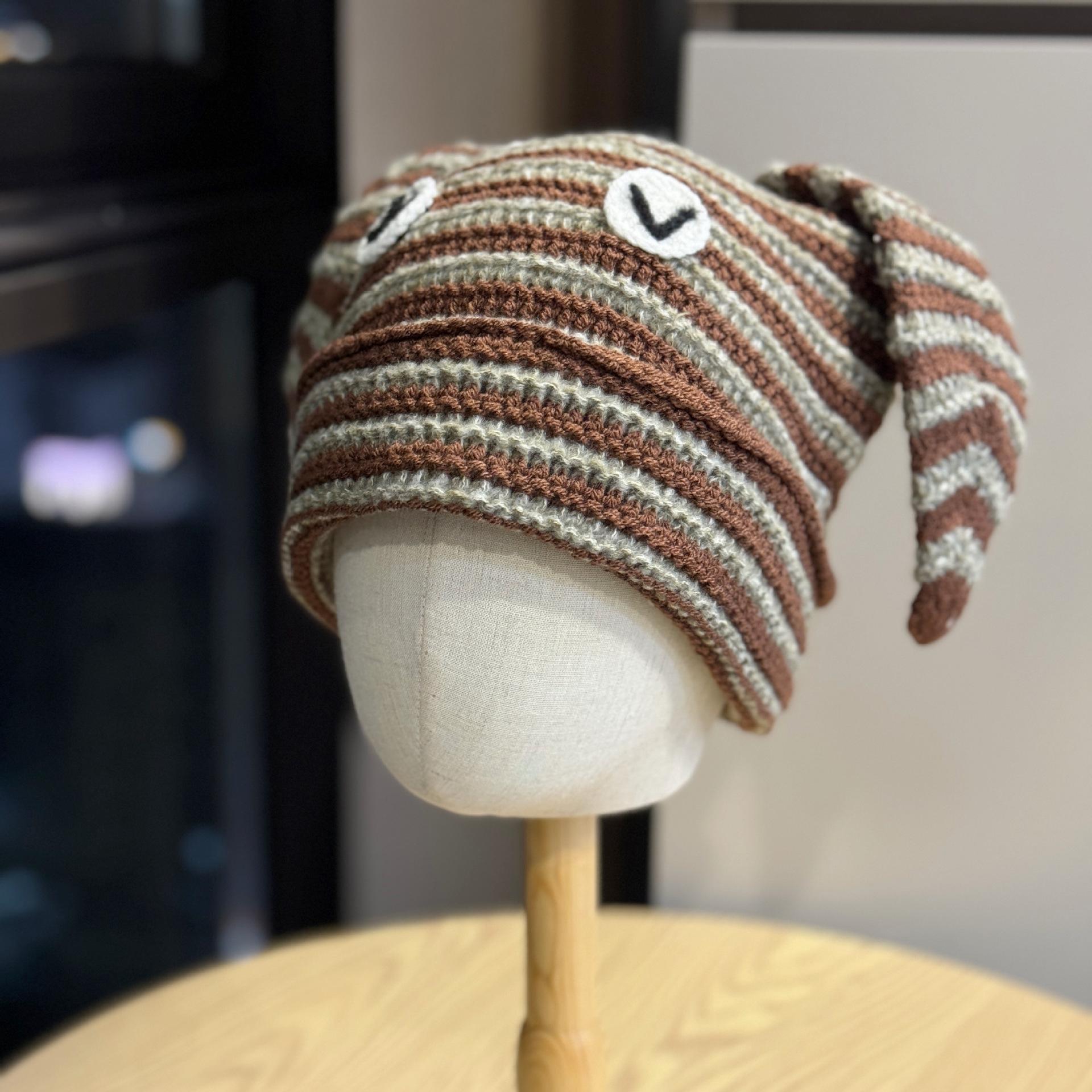 

Милая шапка с кошачьими ушками из вязаной шерсти для девочек, в сладком и крутом стиле Эбби, трендовая универсальная полосатая вязаная шапка-пуловер one size