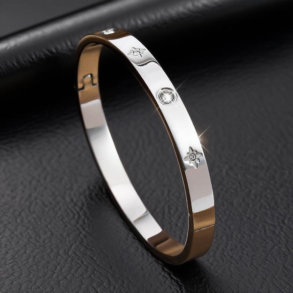 Titanium Steel Rhinestone Open Bangle with Eight-pointed Star Design - Fade-resistant Women's Bracelet