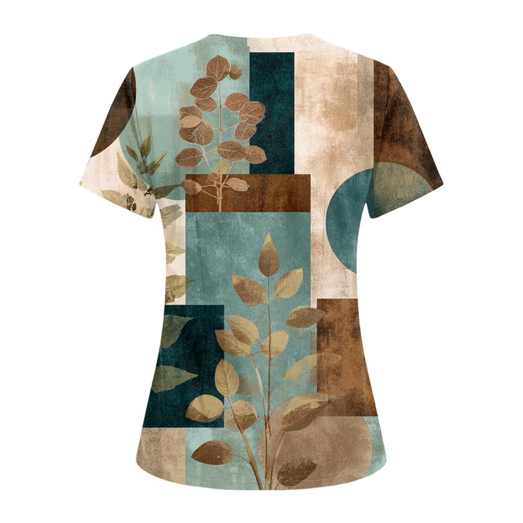Damen V-Ausschnitt Drei-Taschen Kurzarm Retro-Print Uniform/Pflegekraft Oberteil Mit Schlitzen Am Saum