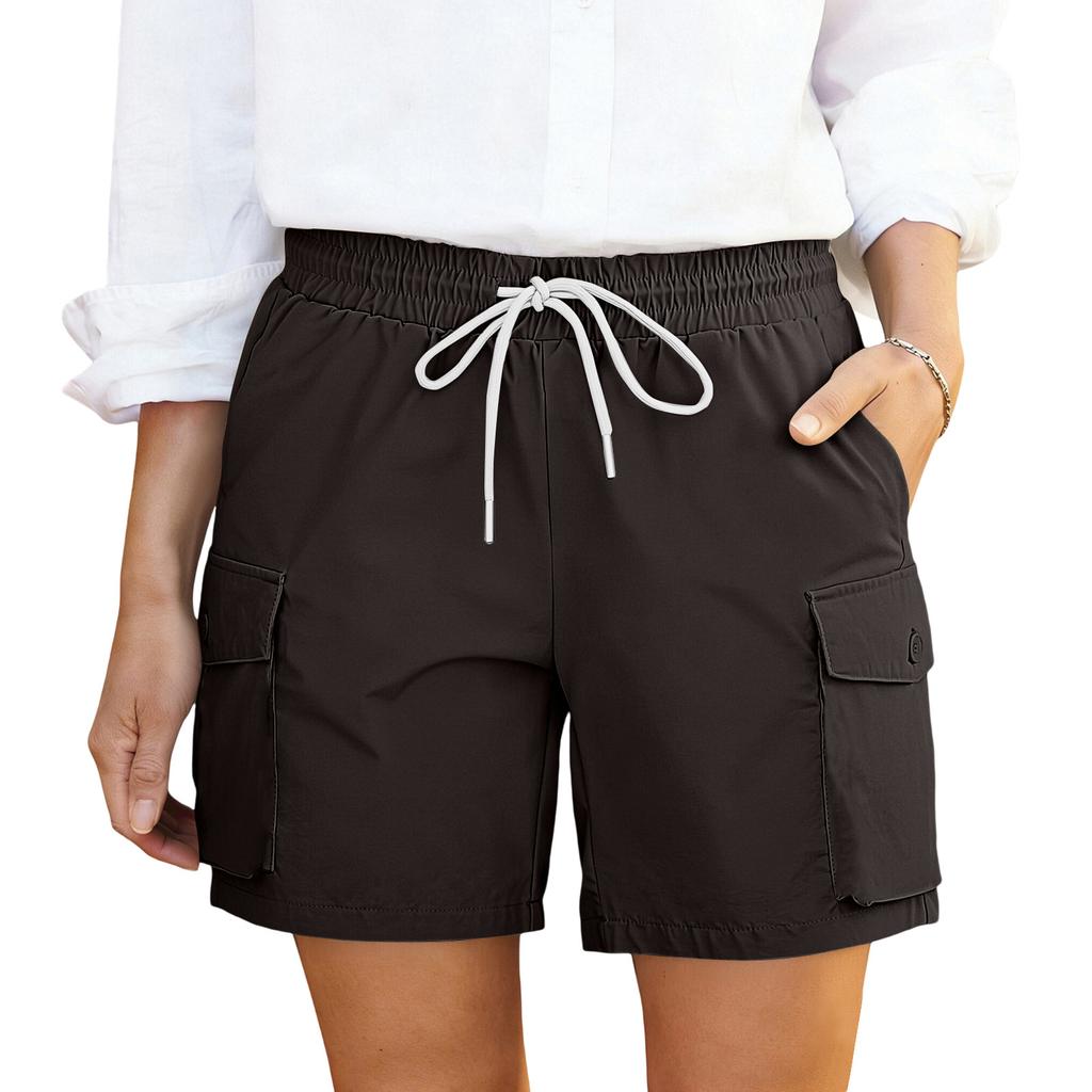 Shorts cargo décontractés pour femmes à taille à cordon avec poches Coupe décontractée Ceinture élastique Tissu léger