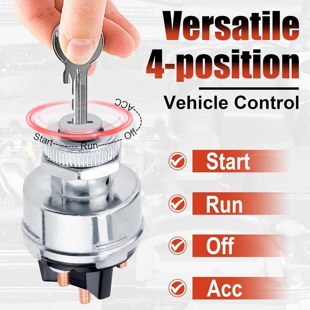 Ignition Switch With Key, Universal Ignition Key Switch, 12V 4 Position Starter Key Ignition Switch, Fits Most Car, Truck, Tractor, Trailer,