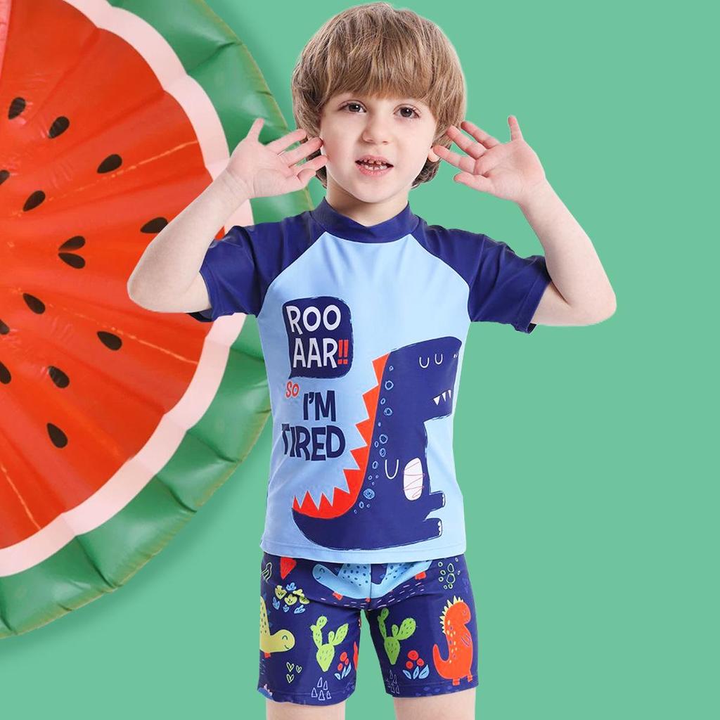 Boys' Dinosaur Print Three-Piece Swimsuit Set (2025) - Short Sleeve
