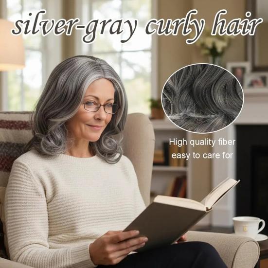 Short Curly Silver-gray Wig with Side Bangs Natural Looking Fluffy Halloween Costume Party Men Women Short