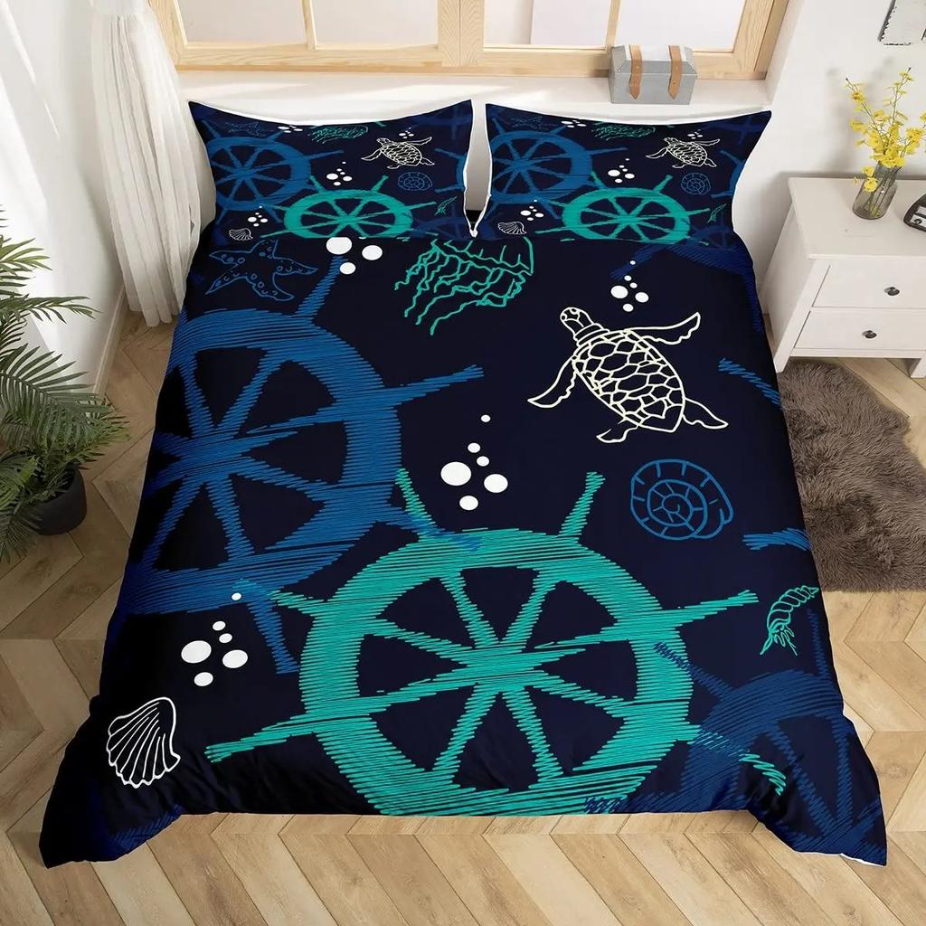 3D Octopus Sea Turtle Duvet Cover Retro Sailboat Crab Reptile Bedding Set Marine Mediterranean Style Jellyfish Comforter Cover