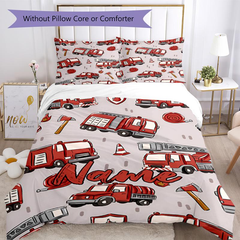 3pcs Custom Name fire truck Bedding Set Duvet Cover Closure Includes 1 Duvet Cover & 2 Pillowcases, Soft and Comfortable for All Seasons.