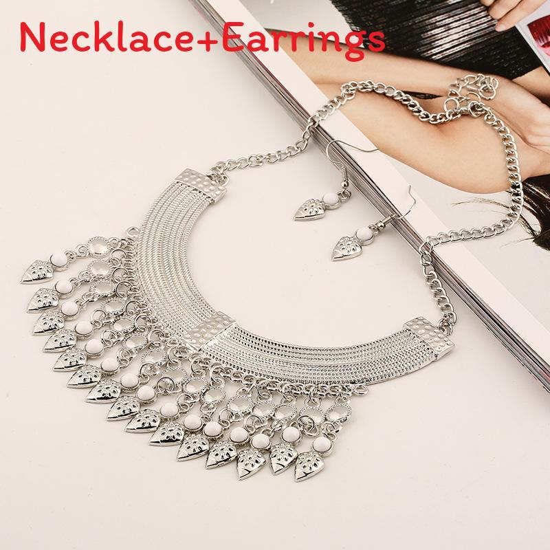 Necklace Fashion Tassel Eardrop Set With Layered Chain And Gemstone Details