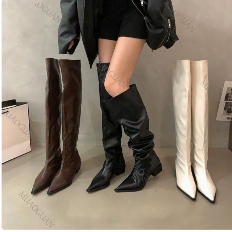 Women Over The Knee High Boots Fashion Suede Pointed Toe Shoes Autumn Winter Thick Middle Heel Western Cowboy Long Botas