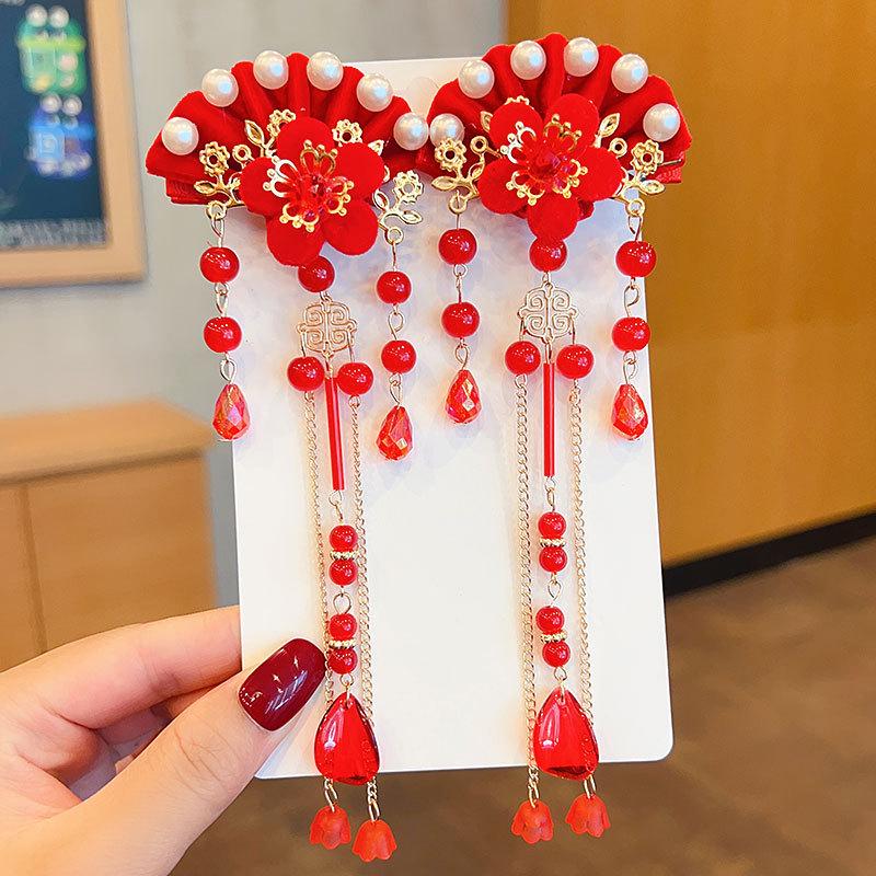 

Красные новогодние ханьфу заколки для волос для девочек - цветочные головные уборы в китайском стиле