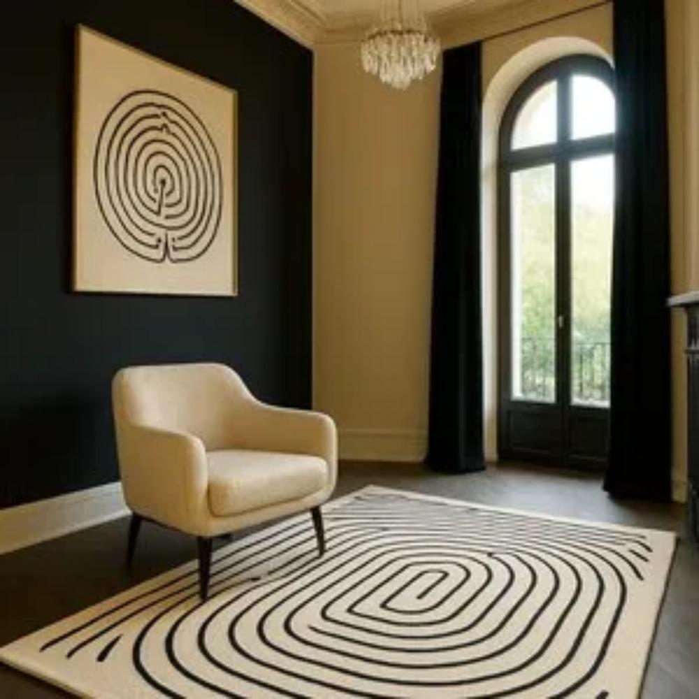 Abstrakt Linjekonstmatta – Nordisk Labyrint Golvmatta för Heminredning - Svartvit Matta Matsalsmatta