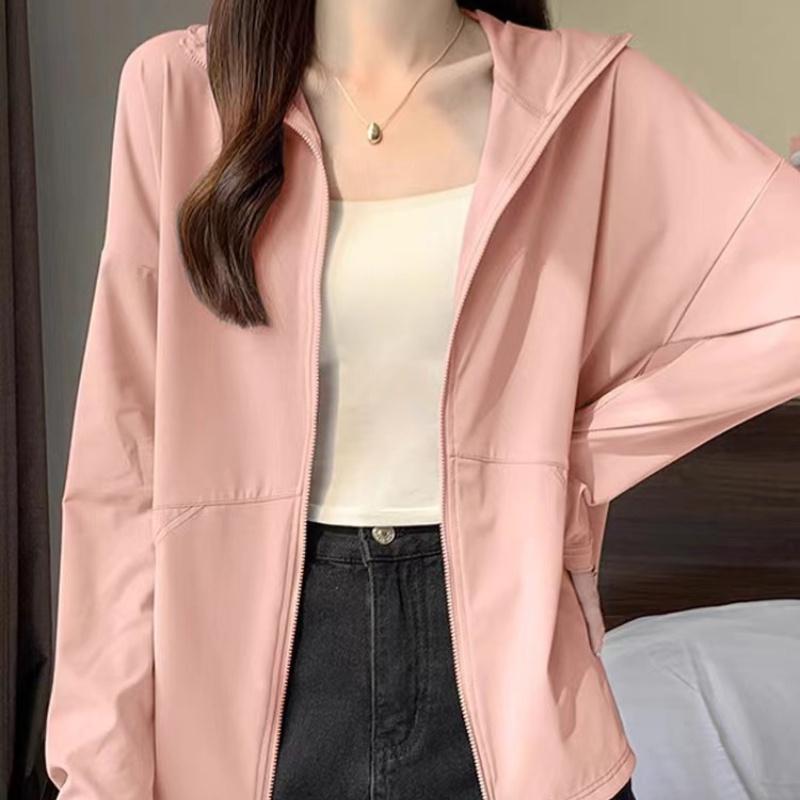 Summer Women Ice Silk Solid Sun Protection Jacket Thin Fashion Zipper Hooded Coat Versatile Loose-Fit Breathable Cardigan