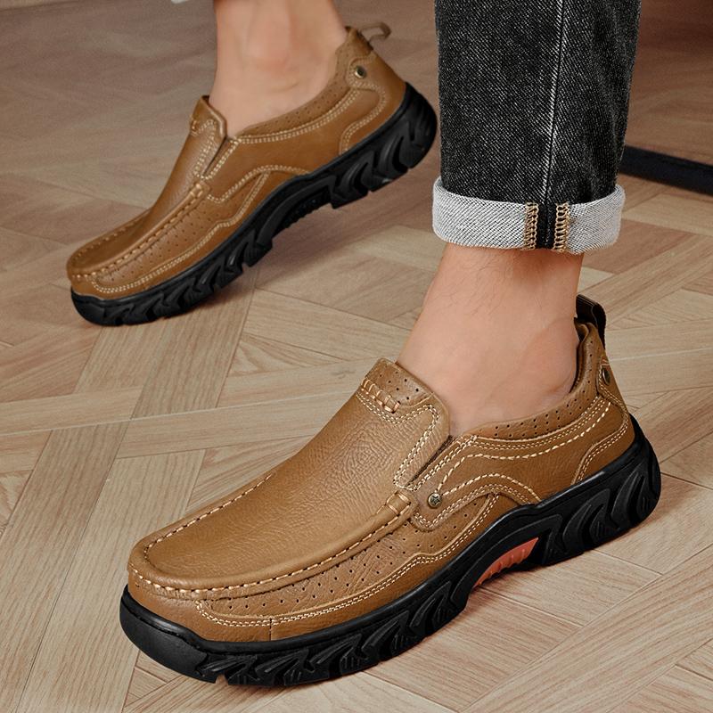 Handmade Men's Slip-On Loafers Hands-Free Casual Dress Shoes Durable Genuine Leather Walking Shoes Non-Slip Rubber Sole Footwear