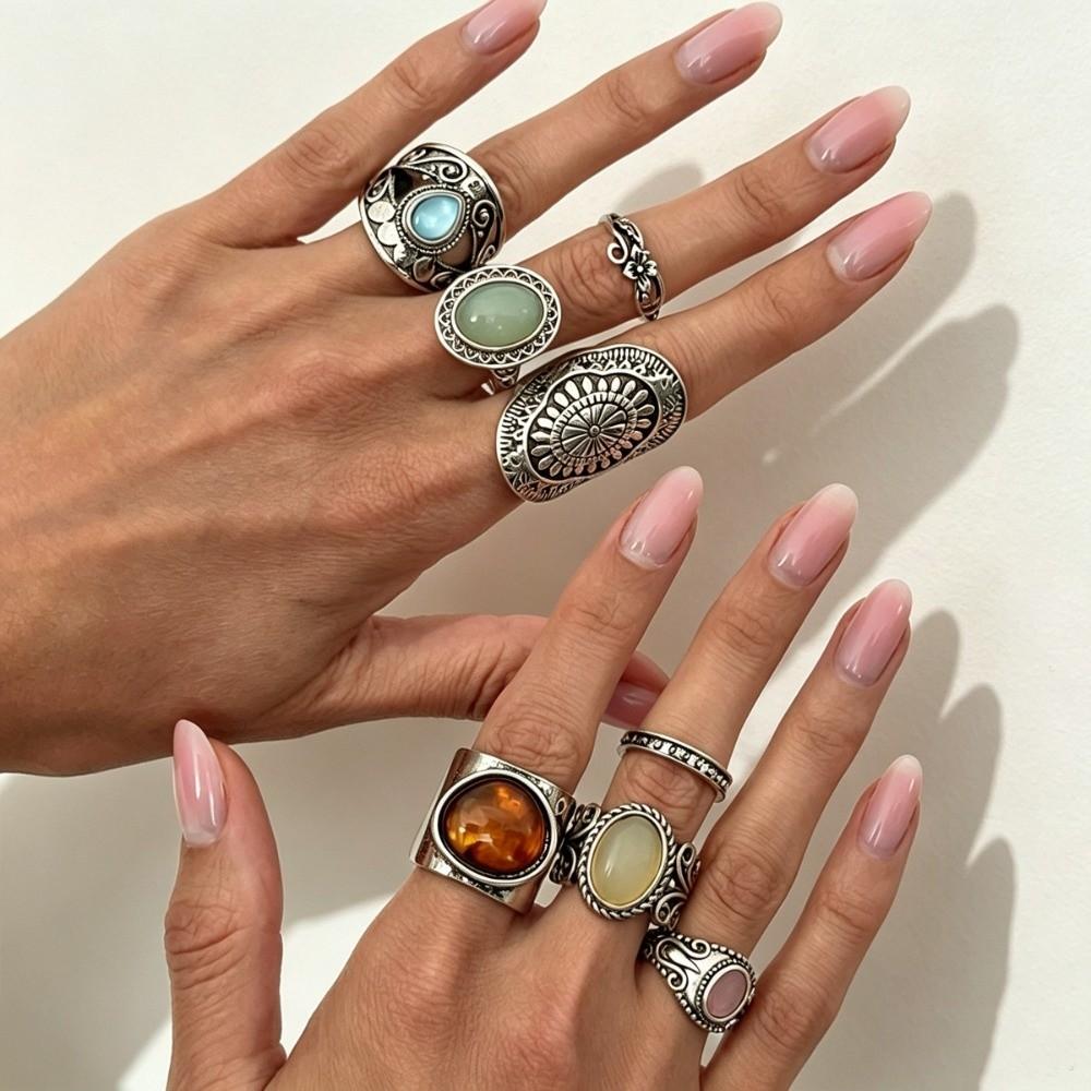 8Pcs/Set Carved Wide Band Stackable Rings Antique Silver Tone Carved Pattern Rings  Daily Match