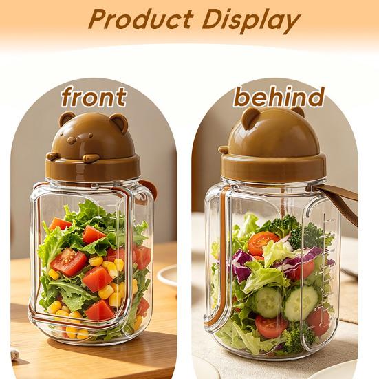Bärenförmiges Salatglas mit integriertem Löffel Tragbarer Kunststoffbehälter für Overnight Oats Obst Auslaufsicherer Transparenter Salatbehälter