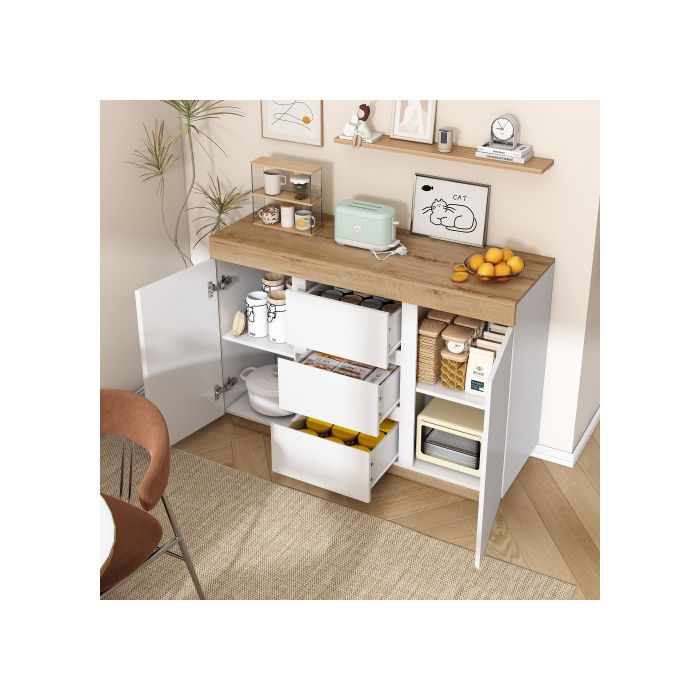 Commode À Trois Tiroirs Et Deux Portes, Meuble De Rangement, Panneau De Particules E1, Blanc + Chêne