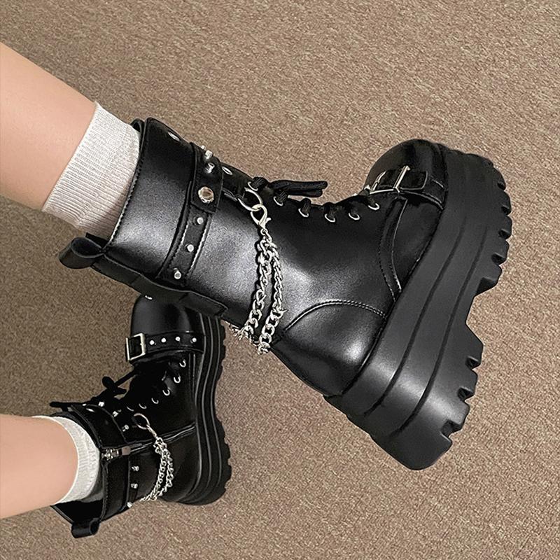 Gothic Style Height Increase Women Mid Calf Boots Fashion Belt Buckle Ladies Platform Mordern Booties
