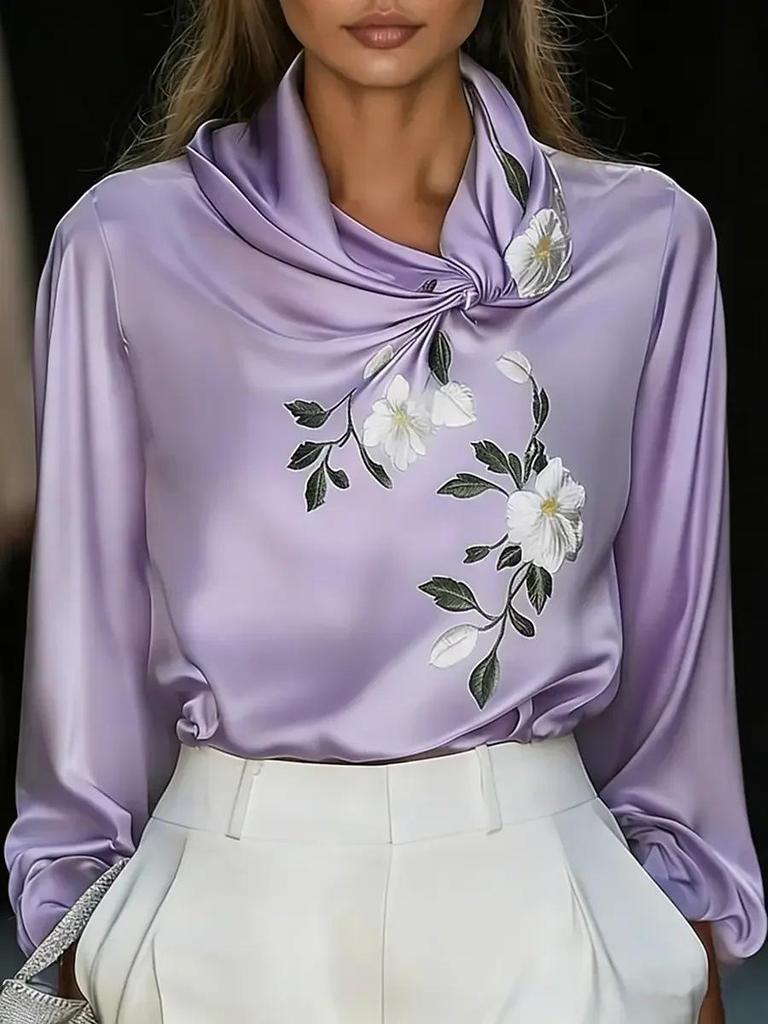 2026 Spring Women's Stand Collar Printed Satin Top - Casual Long Sleeve Shirt