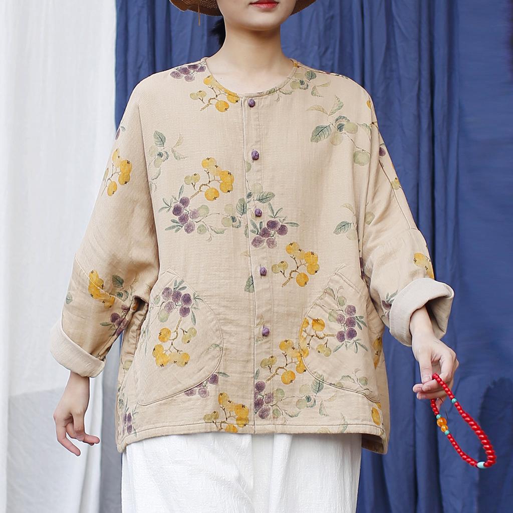 Johnature Women Vintage Print Floral Jackets Bat Sleeve Coats Spring Button Pockets Chinese Style O-Neck Jackets