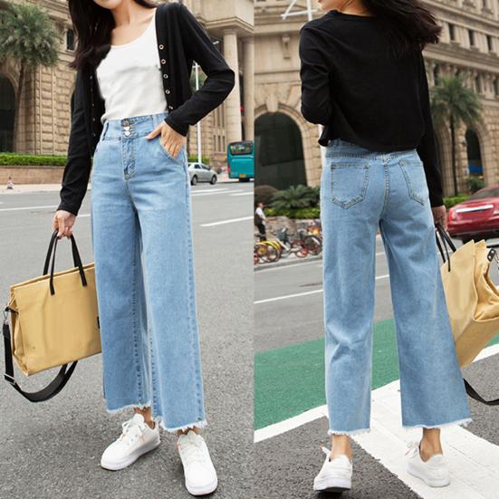 Casual Women High Waist Straight Wide Leg Loose Denim Pants Jeans Ninth Trousers