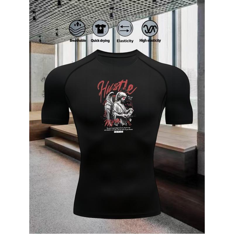 Men's Compression Shirt Quick Dry Navy Blue Gym T-Shirt "HUSTLE" Fallen Angel Print Workout Sportswear